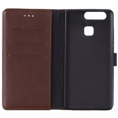 Huawei P9 atverčiamas tamsiai rudos spalvos odinis retro dėklas - piniginė / Priedai.lt