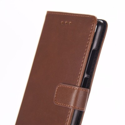 Huawei P9 atverčiamas tamsiai rudos spalvos odinis retro dėklas - piniginė / Priedai.lt