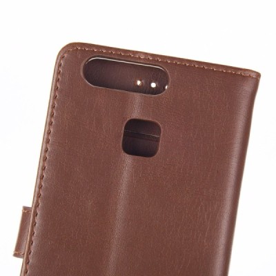 Huawei P9 atverčiamas tamsiai rudos spalvos odinis retro dėklas - piniginė / Priedai.lt