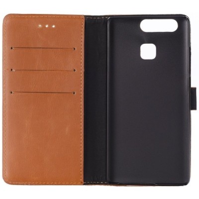 Huawei P9 atverčiamas šviesiai rudos spalvos odinis retro dėklas - piniginė / Priedai.lt