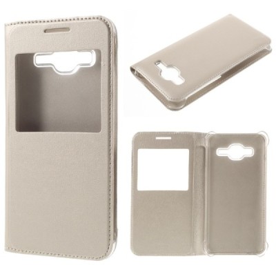 Samsung Galaxy J3 2016 (J320) zelta atvēramais Smart Window ādas maciņš / Vacins.lv