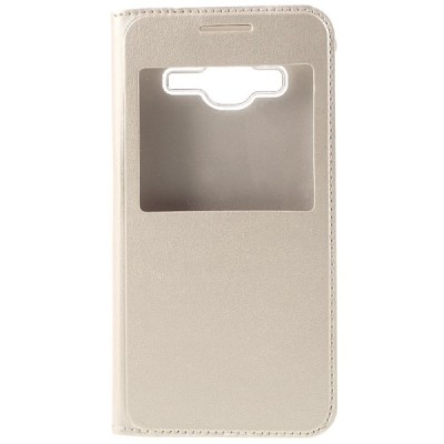 Samsung Galaxy J3 2016 (J320) zelta atvēramais Smart Window ādas maciņš / Vacins.lv