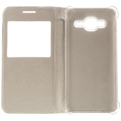 Samsung Galaxy J3 2016 (J320) zelta atvēramais Smart Window ādas maciņš / Vacins.lv