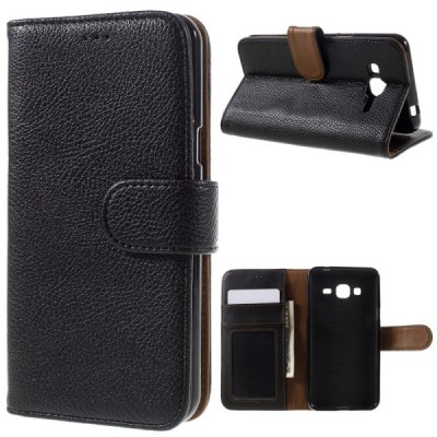 Samsung Galaxy J3 2016 (J320) atvēramais melns ādas Litchi maciņš / Vacins.lv