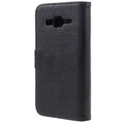 Samsung Galaxy J3 2016 (J320) atvēramais melns ādas Litchi maciņš / Vacins.lv