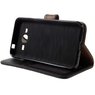 Samsung Galaxy J3 2016 (J320) atvēramais melns ādas Litchi maciņš / Vacins.lv