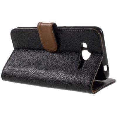 Samsung Galaxy J3 2016 (J320) atvēramais melns ādas Litchi maciņš / Vacins.lv