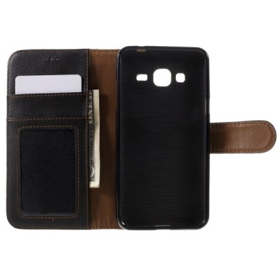 Samsung Galaxy J3 2016 (J320) atvēramais melns ādas Litchi maciņš / Vacins.lv