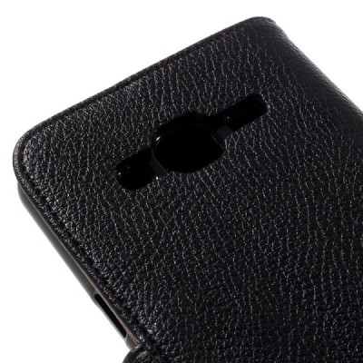 Samsung Galaxy J3 2016 (J320) atvēramais melns ādas Litchi maciņš / Vacins.lv