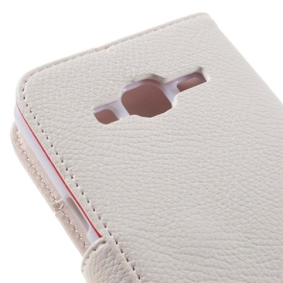 Samsung Galaxy J3 2016 (J320) atvēramais balts ādas Litchi maciņš / Vacins.lv