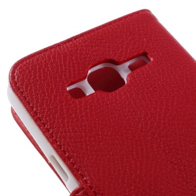 Samsung Galaxy J3 2016 (J320) atvēramais sarkans ādas Litchi maciņš / Vacins.lv