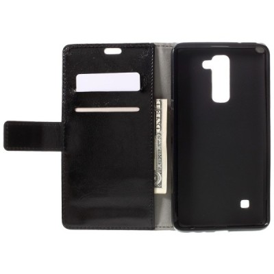 LG Stylus 2 (K520) atverčiamas juodas odinis dėklas - piniginė / Priedai.lt