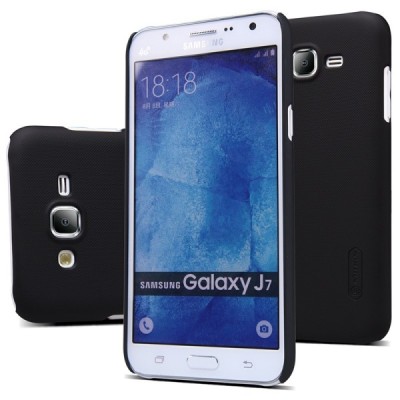 Samsung Galaxy J7 (J700) Nillkin Frosted Shield juodas plastikinis dėklas + apsauginė ekrano plėvelė / Priedai.lt