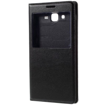 Samsung Galaxy J7 (J700) melns atvēramais maciņš ar lodziņu / Vacins.lv