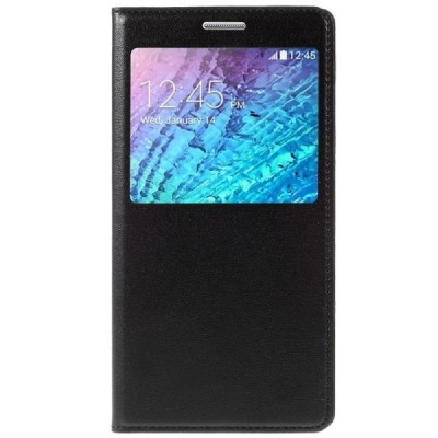 Samsung Galaxy J7 (J700) juodas odinis atverčiamas dėklas su langeliu / Priedai.lt