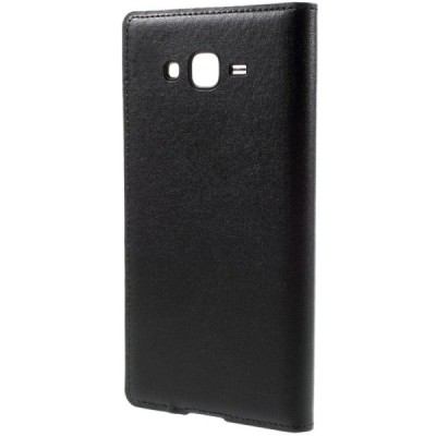 Samsung Galaxy J7 (J700) juodas odinis atverčiamas dėklas su langeliu / Priedai.lt