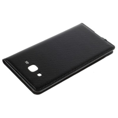 Samsung Galaxy J7 (J700) juodas odinis atverčiamas dėklas su langeliu / Priedai.lt