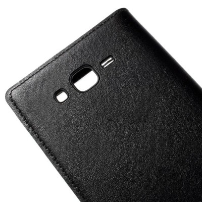 Samsung Galaxy J7 (J700) juodas odinis atverčiamas dėklas su langeliu / Priedai.lt