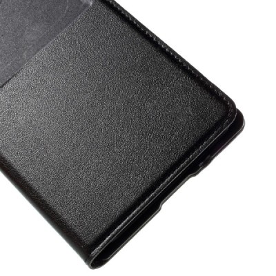 Samsung Galaxy J7 (J700) juodas odinis atverčiamas dėklas su langeliu / Priedai.lt