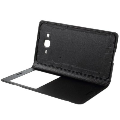 Samsung Galaxy J7 (J700) juodas odinis atverčiamas dėklas su langeliu / Priedai.lt