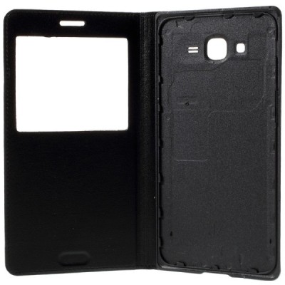 Samsung Galaxy J7 (J700) juodas odinis atverčiamas dėklas su langeliu / Priedai.lt