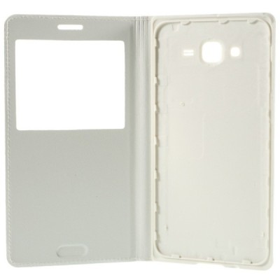 Samsung Galaxy J7 (J700) baltas odinis atverčiamas dėklas su langeliu / Priedai.lt