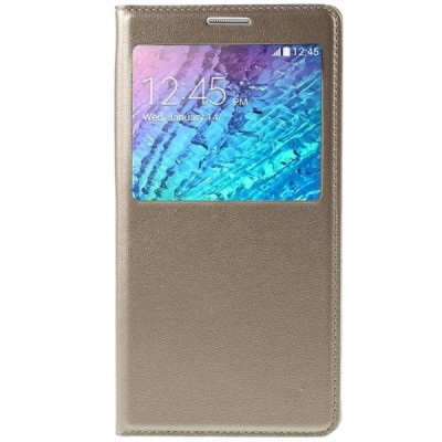 Samsung Galaxy J7 (J700) zelta atvēramais maciņš ar lodziņuš / Vacins.lv