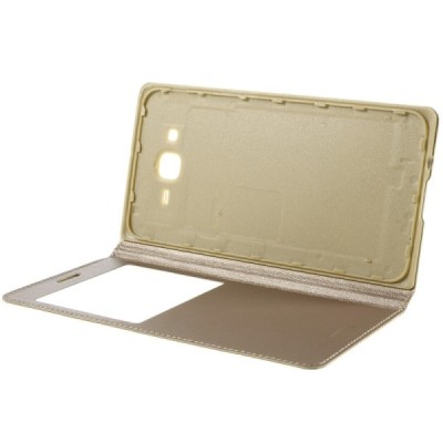 Samsung Galaxy J7 (J700) zelta atvēramais maciņš ar lodziņuš / Vacins.lv