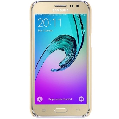 Samsung Galaxy J2 (J200) Nillkin Frosted Shield auksinis plastikinis dėklas + apsauginė ekrano plėvelė / Priedai.lt