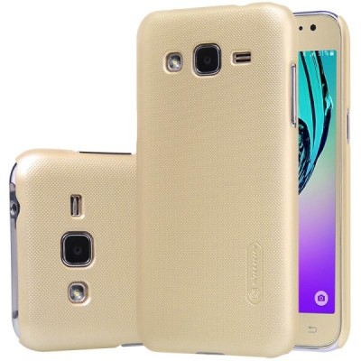 Samsung Galaxy J2 (J200) Nillkin Frosted Shield auksinis plastikinis dėklas + apsauginė ekrano plėvelė / Priedai.lt
