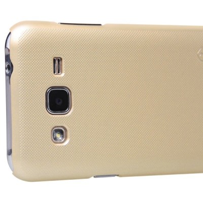 Samsung Galaxy J2 (J200) Nillkin Frosted Shield auksinis plastikinis dėklas + apsauginė ekrano plėvelė / Priedai.lt