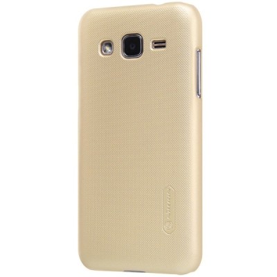 Samsung Galaxy J2 (J200) Nillkin Frosted Shield auksinis plastikinis dėklas + apsauginė ekrano plėvelė / Priedai.lt