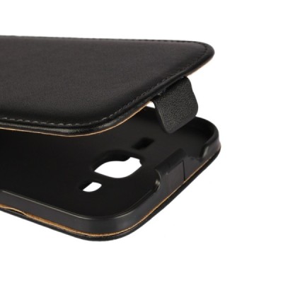 Samsung Galaxy J2 (J200) klasikinis vertikaliai atverčiamas juodas odinis dėklas / Priedai.lt