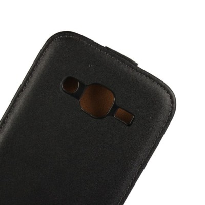 Samsung Galaxy J2 (J200) klasikinis vertikaliai atverčiamas juodas odinis dėklas / Priedai.lt