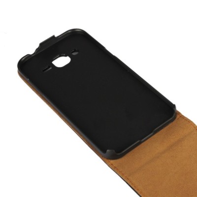 Samsung Galaxy J2 (J200) klasikinis vertikaliai atverčiamas juodas odinis dėklas / Priedai.lt