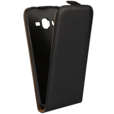 Samsung Galaxy J2 (J200) klasikinis vertikaliai atverčiamas juodas odinis dėklas / Priedai.lt