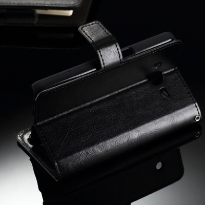 Samsung Galaxy J2 (J200) atverčiamas juodas odinis dėklas - piniginė / Priedai.lt