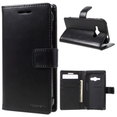 Mercury Blue Moon Samsung Galaxy J1 Ace (J110) atvērams melns ādas maciņš / Vacins.lv