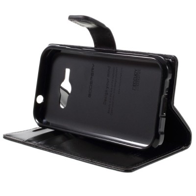 Mercury Blue Moon Samsung Galaxy J1 Ace (J110) atvērams melns ādas maciņš / Vacins.lv