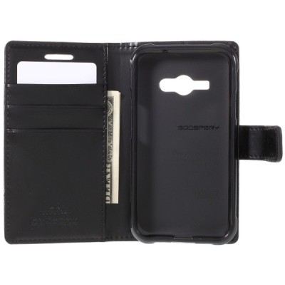 Mercury Blue Moon Samsung Galaxy J1 Ace (J110) atvērams melns ādas maciņš / Vacins.lv