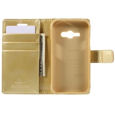 Mercury Blue Moon Samsung Galaxy J1 Ace (J110) atvērams zelta ādas maciņš / Vacins.lv