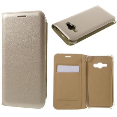 Samsung Galaxy J1 Ace (J110) zelta atvēramais Smart Wallet ādas maciņš - maks / Vacins.lv