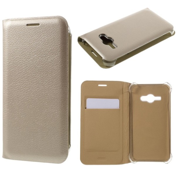 „Smart Wallet“ atvēramais ādas maciņš - zelta (Galaxy J1 Ace)