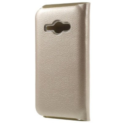 Samsung Galaxy J1 Ace (J110) zelta atvēramais Smart Wallet ādas maciņš - maks / Vacins.lv