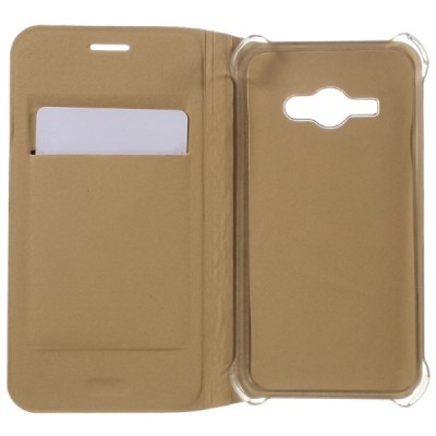 Samsung Galaxy J1 Ace (J110) zelta atvēramais Smart Wallet ādas maciņš - maks / Vacins.lv