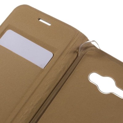 Samsung Galaxy J1 Ace (J110) zelta atvēramais Smart Wallet ādas maciņš - maks / Vacins.lv