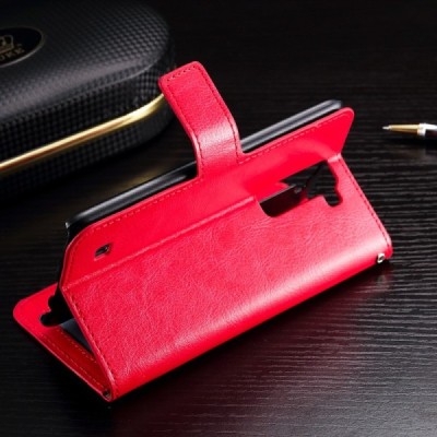 LG K10 (K420N) atverčiamas raudonas odinis dėklas - piniginė / Priedai.lt