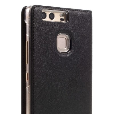 Huawei P9 juodas odinis atverčiamas „Smart Window“ dėklas su langeliu / Priedai.lt