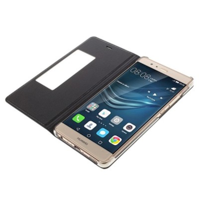 Huawei P9 juodas odinis atverčiamas „Smart Window“ dėklas su langeliu / Priedai.lt
