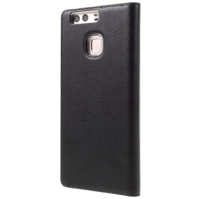 Huawei P9 juodas odinis atverčiamas „Smart Window“ dėklas su langeliu / Priedai.lt